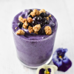 A healthy blueberry smoothie topped with mulberries.