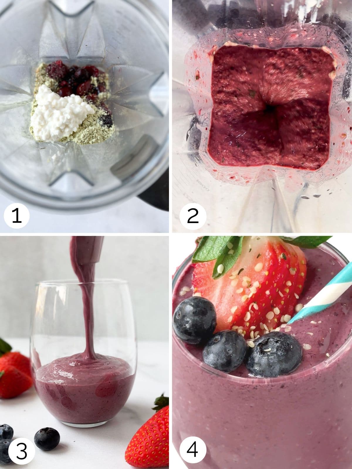 Step by step process for making berry smoothies.
