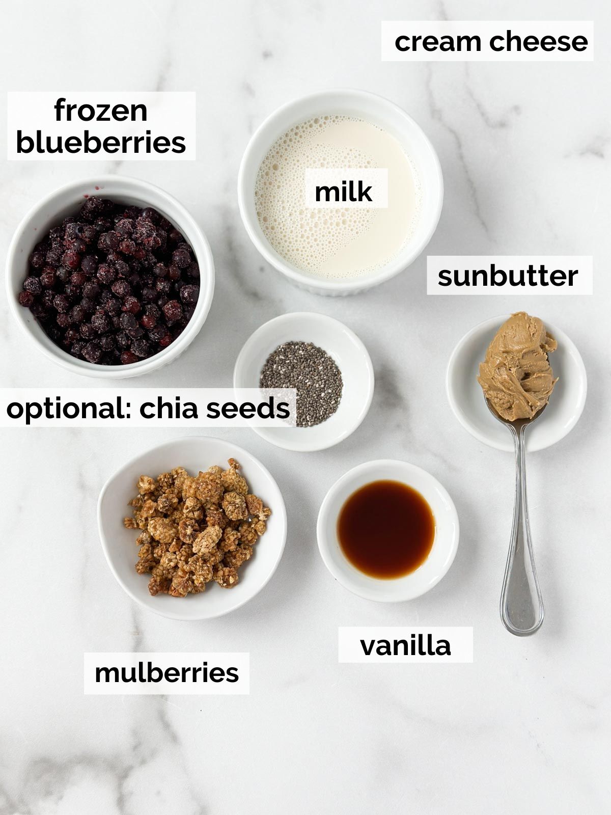 Ingredients for a blueberry smoothie with sunbutter.