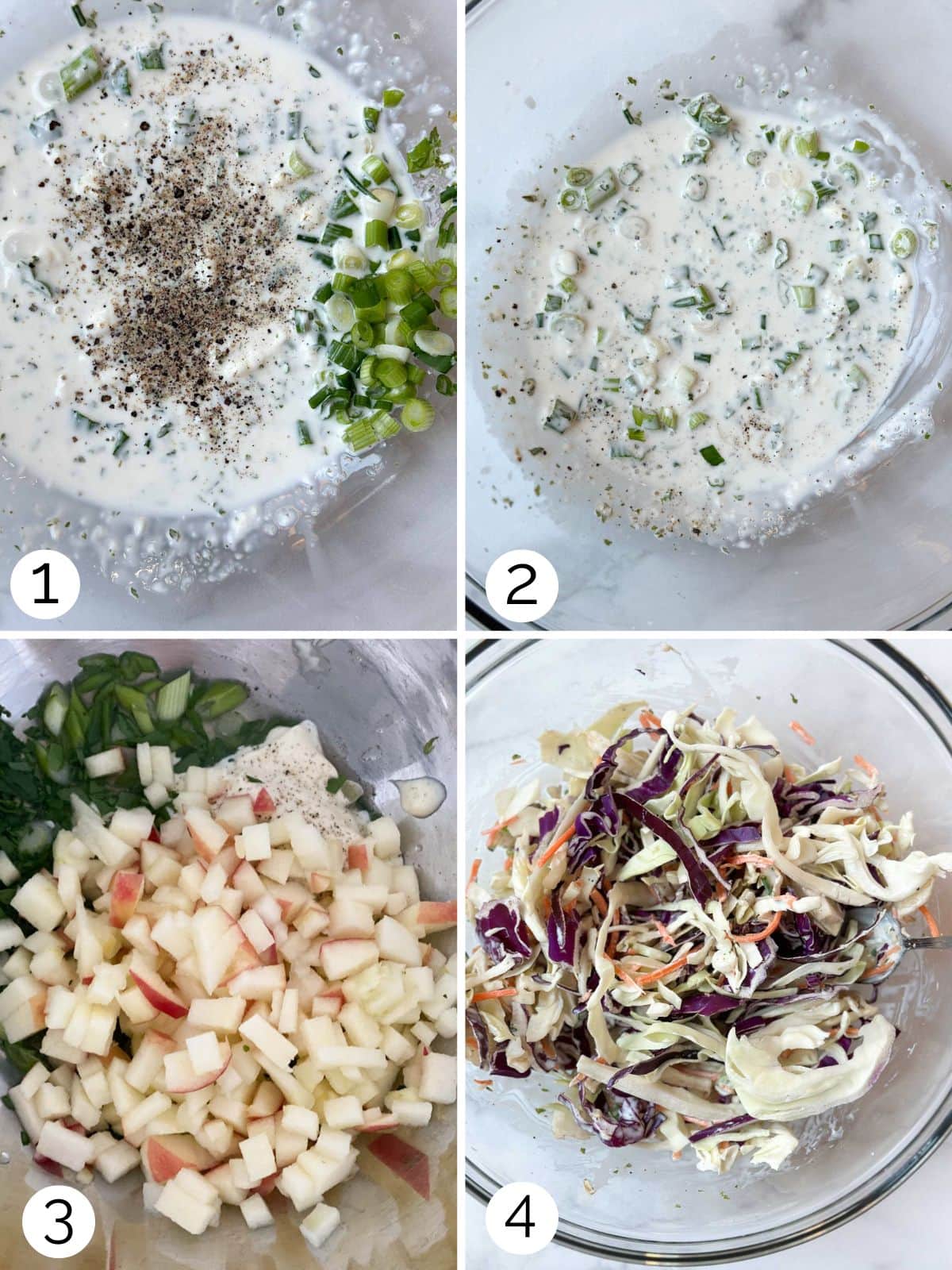 Process shots of making the dressing for coleslaw and adding apples and herbs.