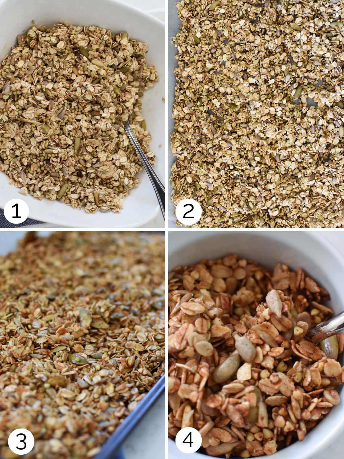 Four steps for making buckwheat granola.