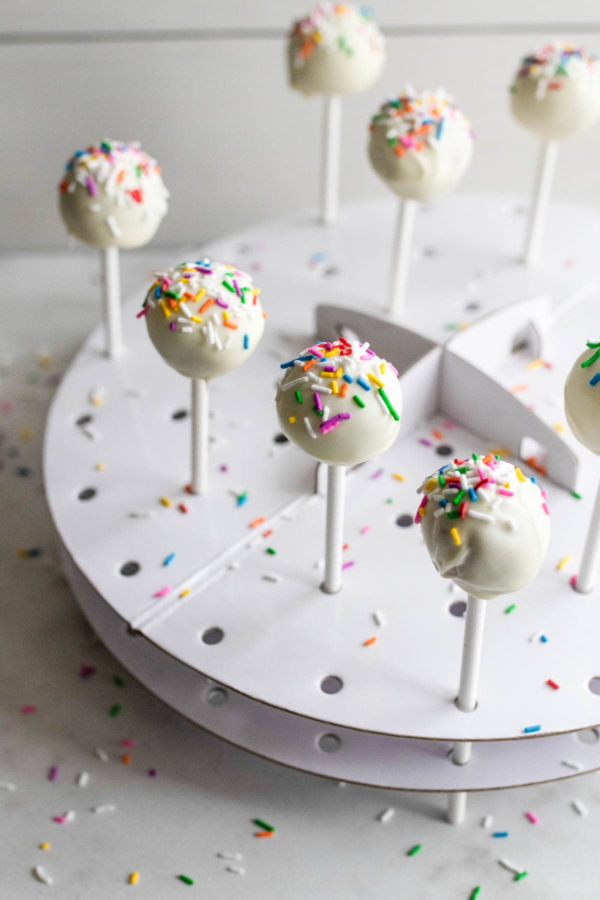 Cake pops inserted into a cake pop stand.