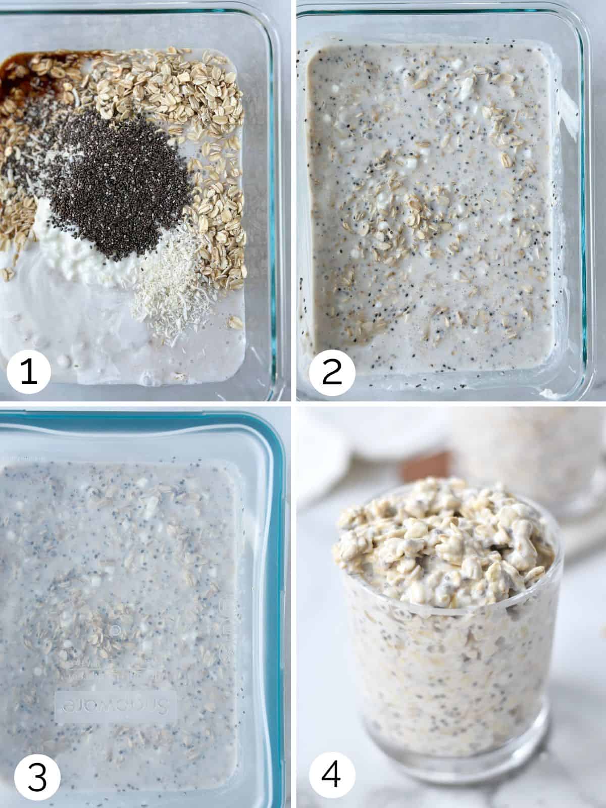 A four step process of making overnight oats and putting them in the fridge.