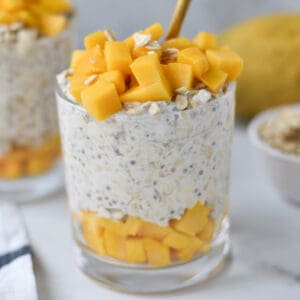 Mango sprinkled on top of overnight oats.
