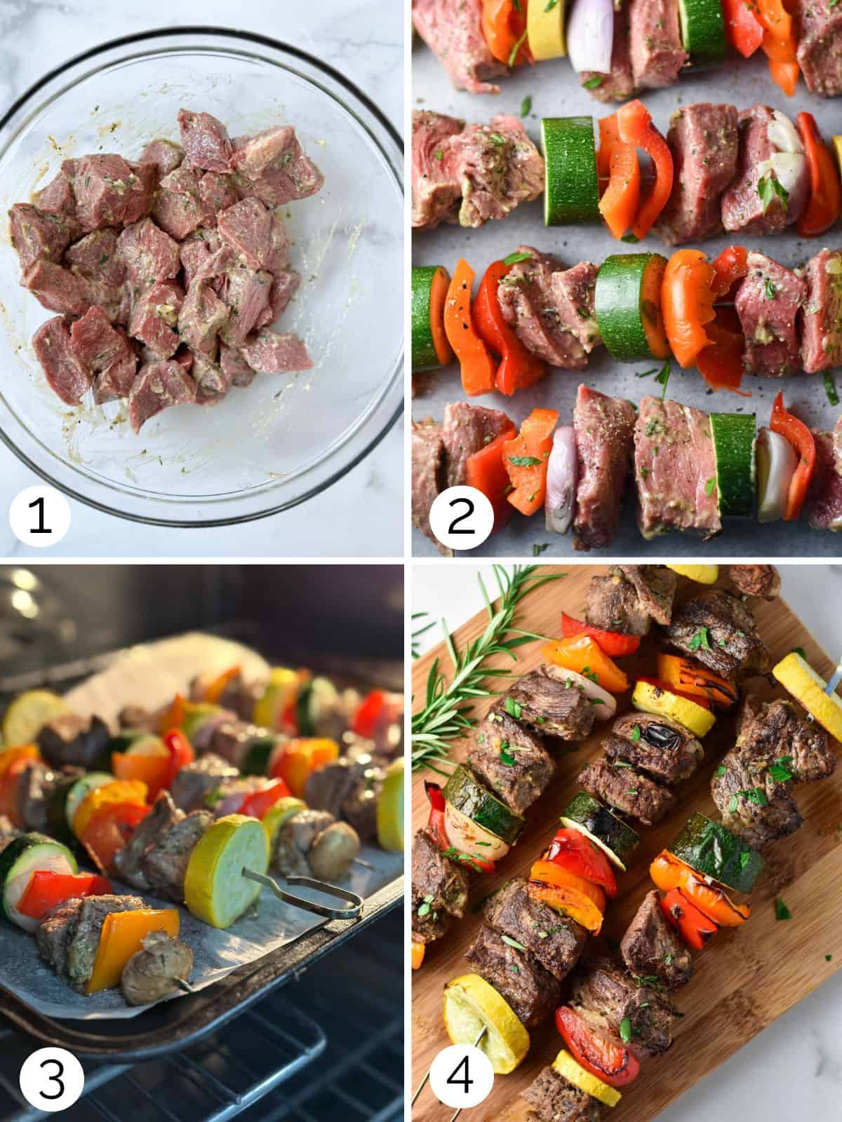 Process photos showing marinating the beef, layering the beef and vegetables, baking the kabobs, and letting them cool.