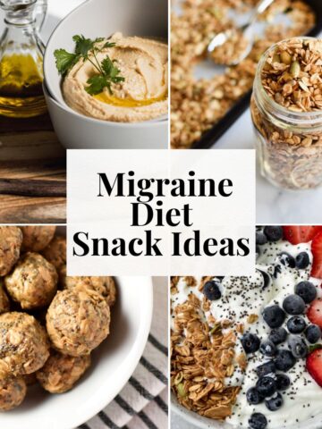 Collage of migraine diet snacks like energy balls, cottage cheese, and granola.