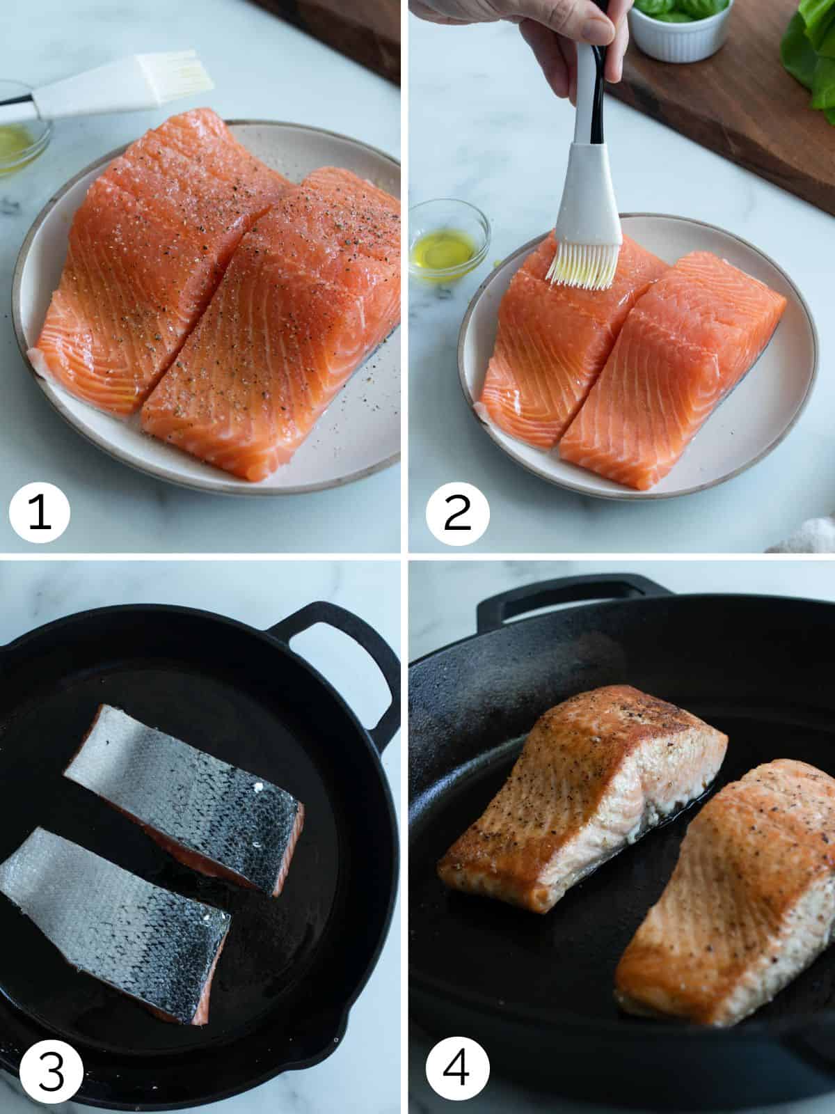Step by step process showing how to sear salmon in a cast iron pan.
