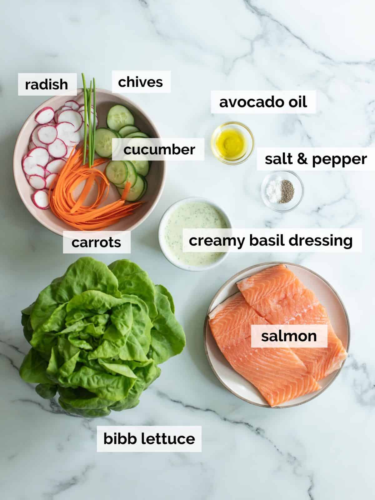 Ingredients for a salmon salad on a table.