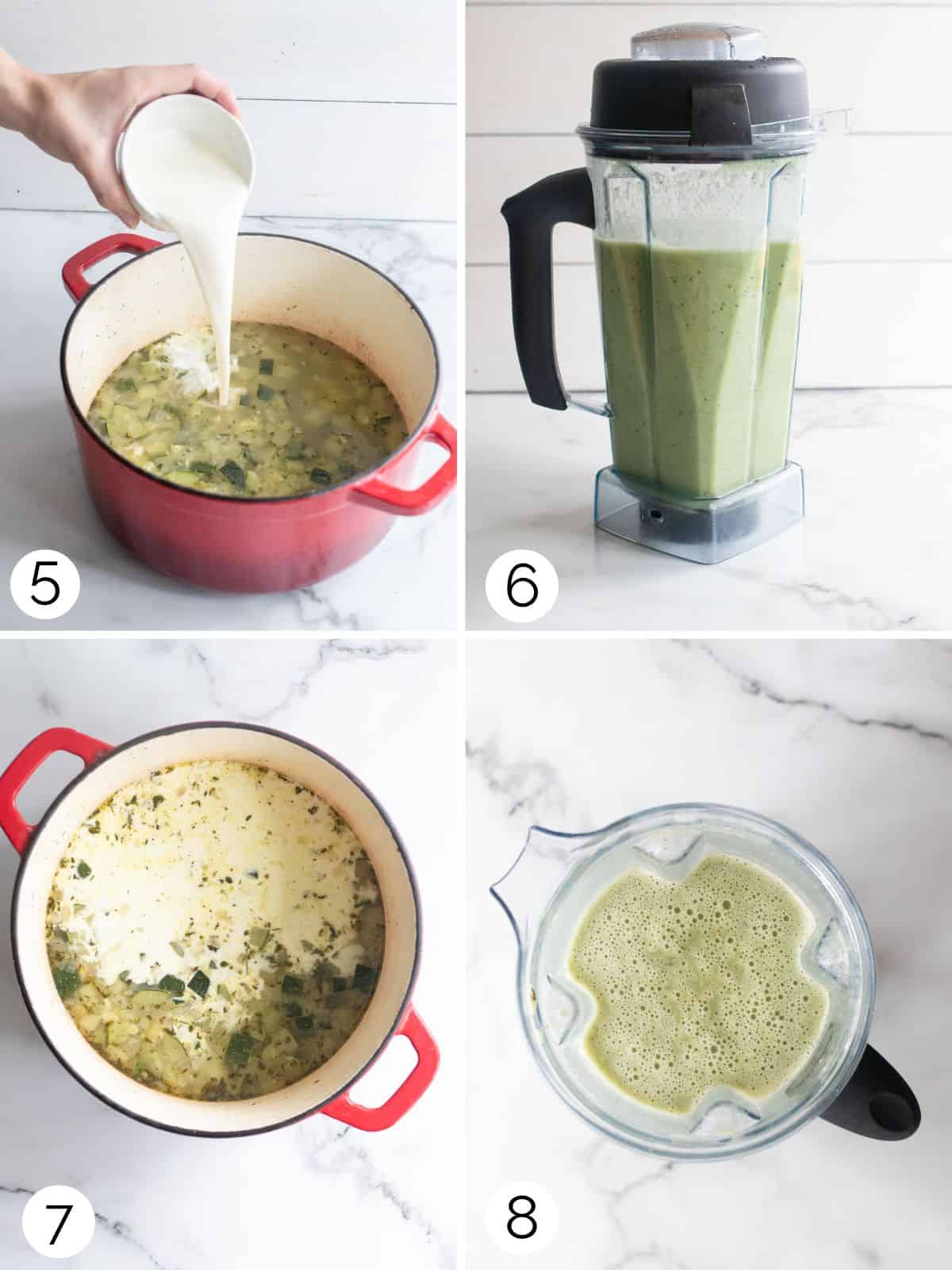 Pouring cream into the zucchini soup, then blending it in a blender.