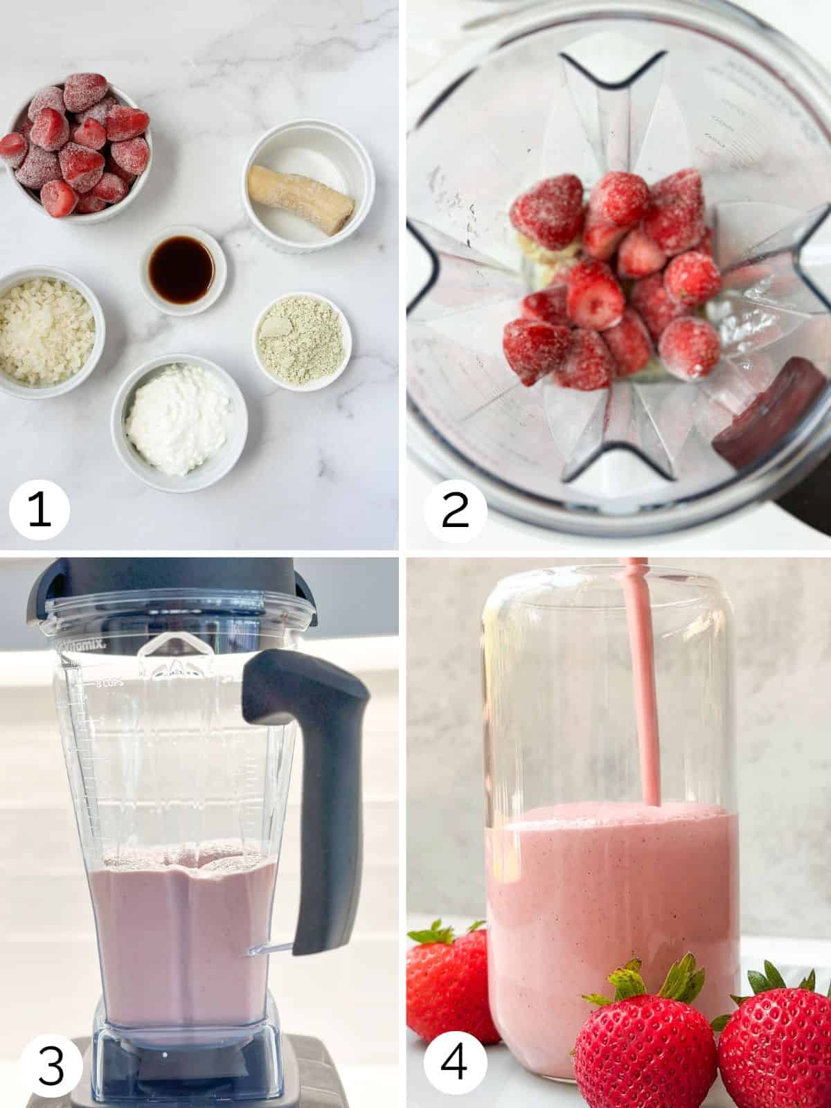 Process photos showing how to make a cottage cheese smoothie with strawberries in a blender.