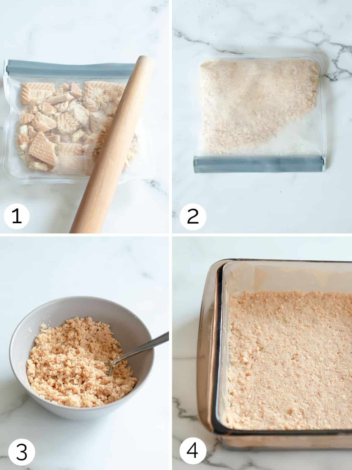 Four step photos of making the shortbread crust.