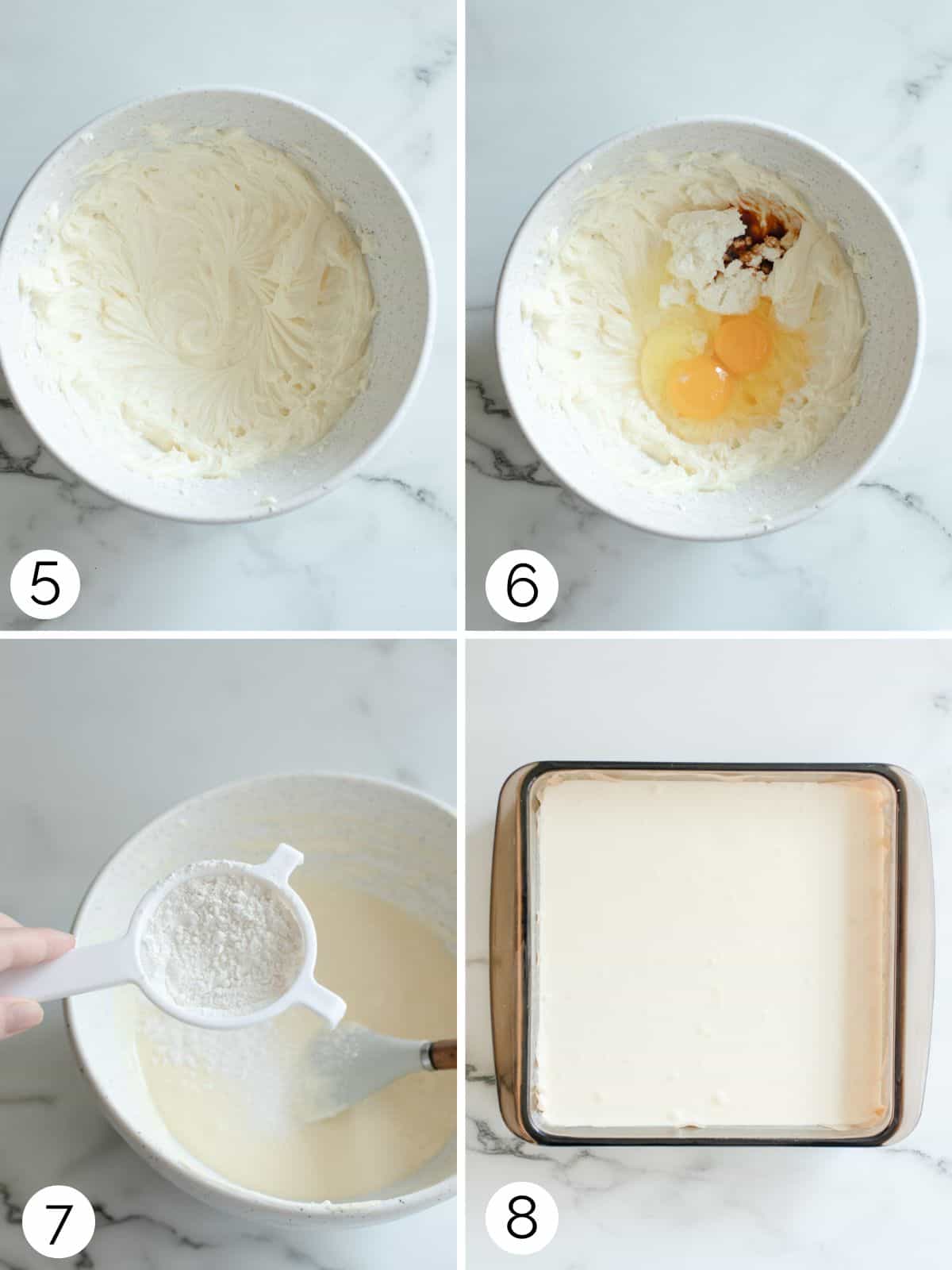 Step process for making whipped cheesecake filling.