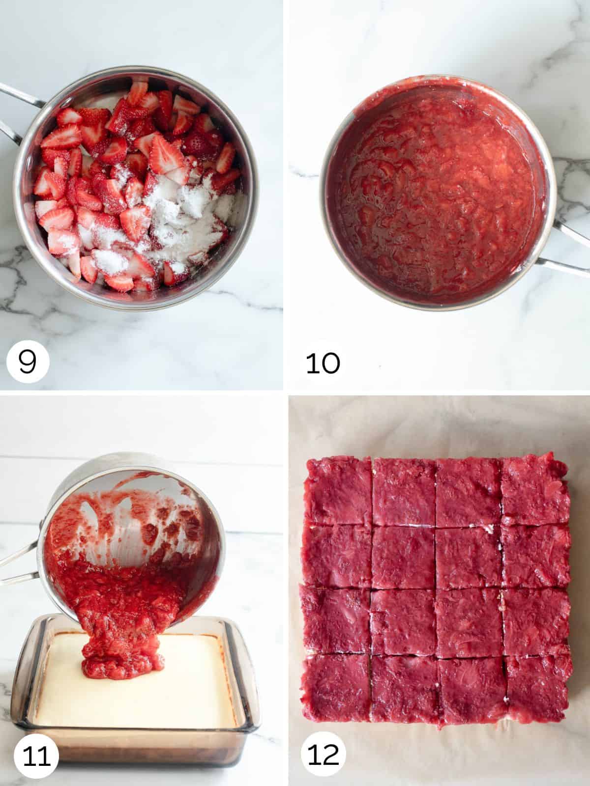 Step process for reducing fresh strawberries to make a strawberry topping and then pouring on top of the cheesecake bars.