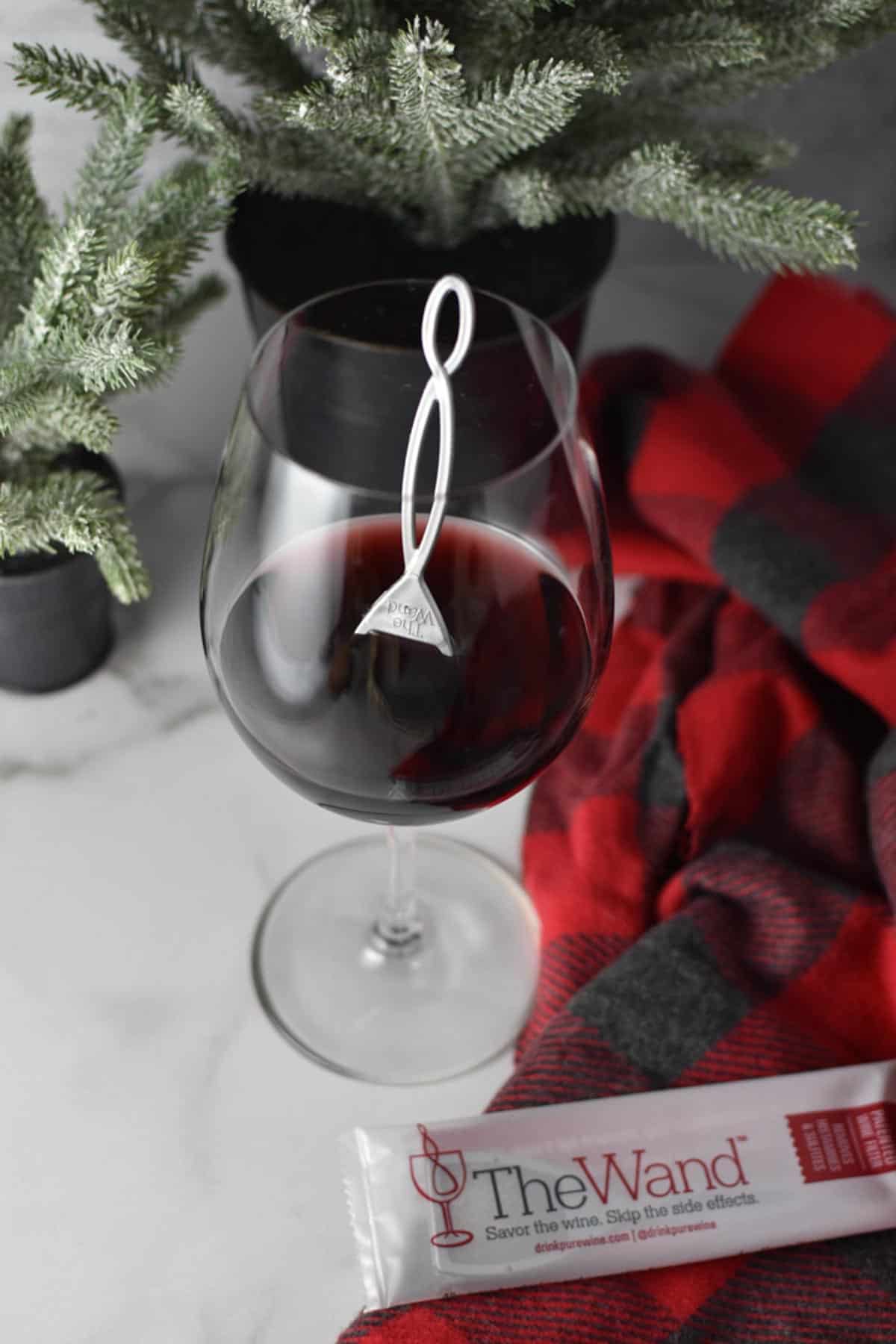 A glass with red wine and a wine wand inside of it next to a small tree. 