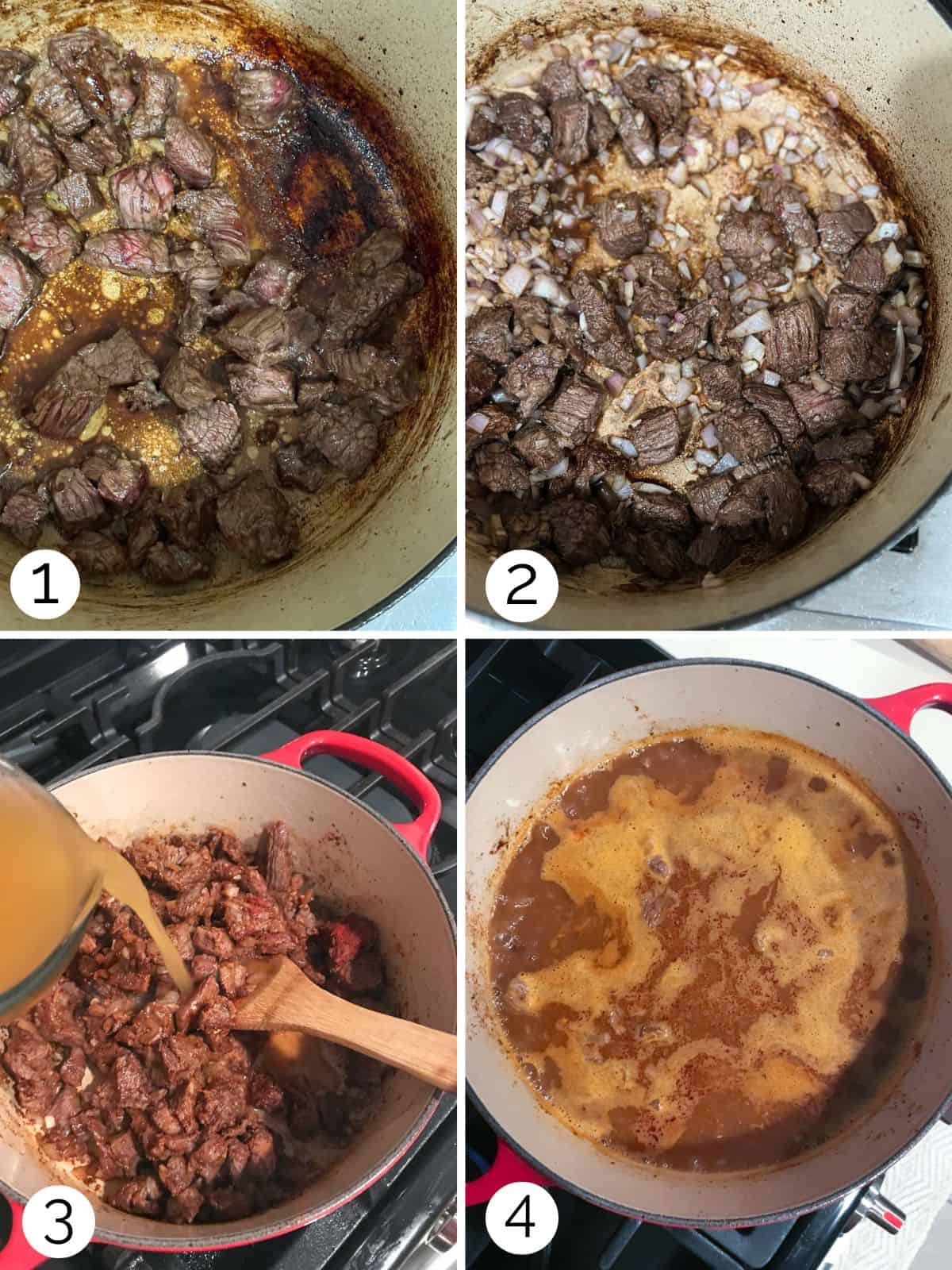 Step by step process of searing beef for chili, adding spices, and simmering the broth.