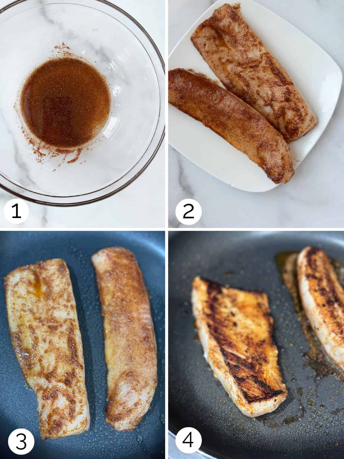 Step by step process for how to sear a cobia fish fillet and making blackening seasoning.