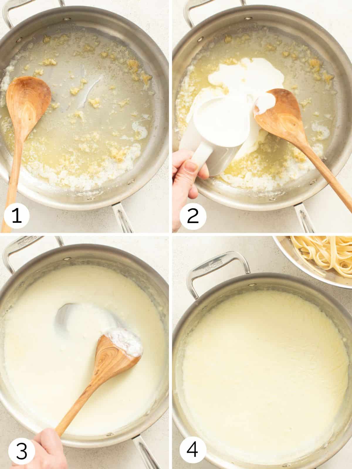 Step by step process of making a mozzarella alfredo sauce with butter and cream.
