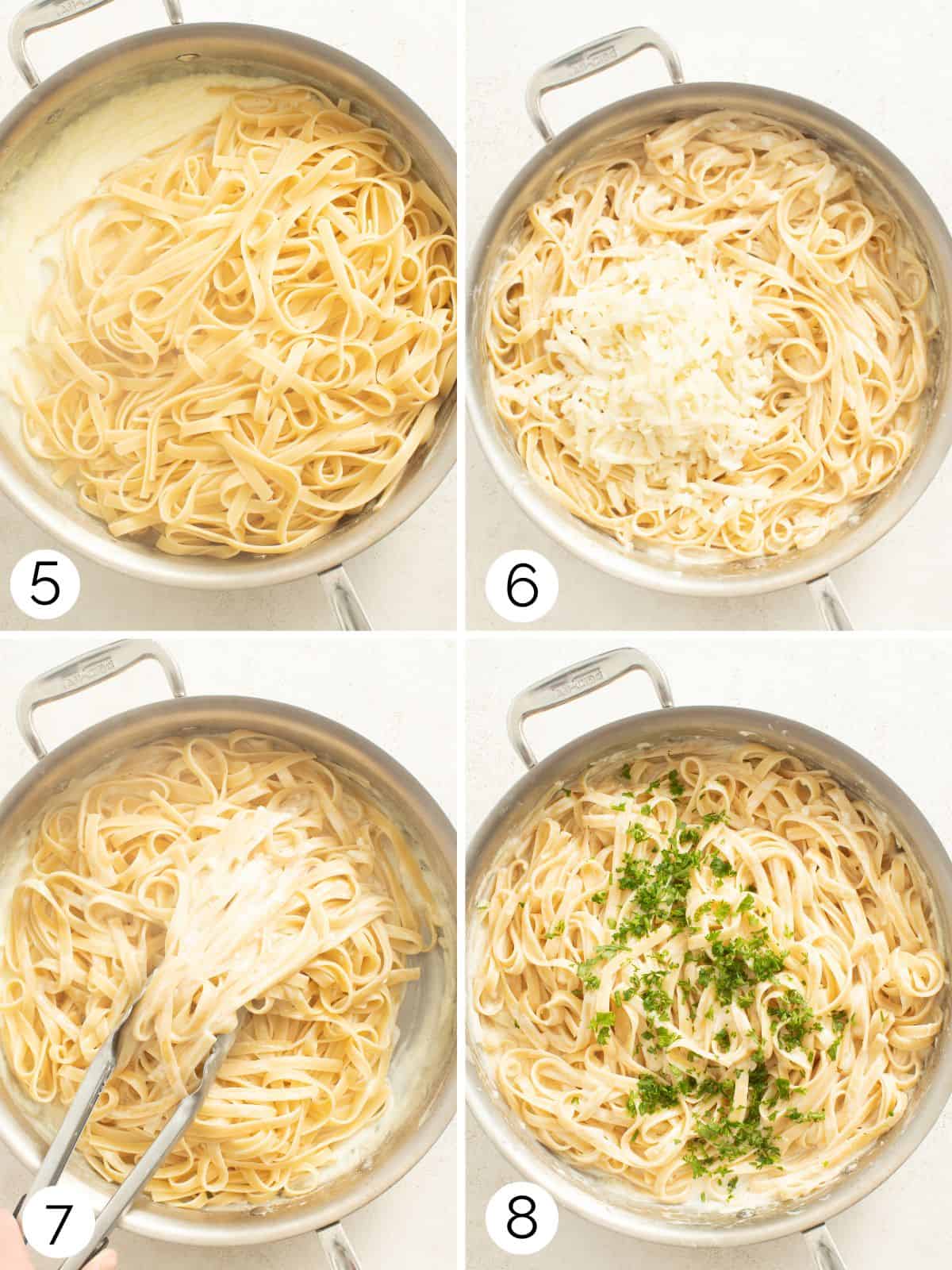 Step by step process of making a mozzarella alfredo sauce adding in pasta and mozzarella cheese.