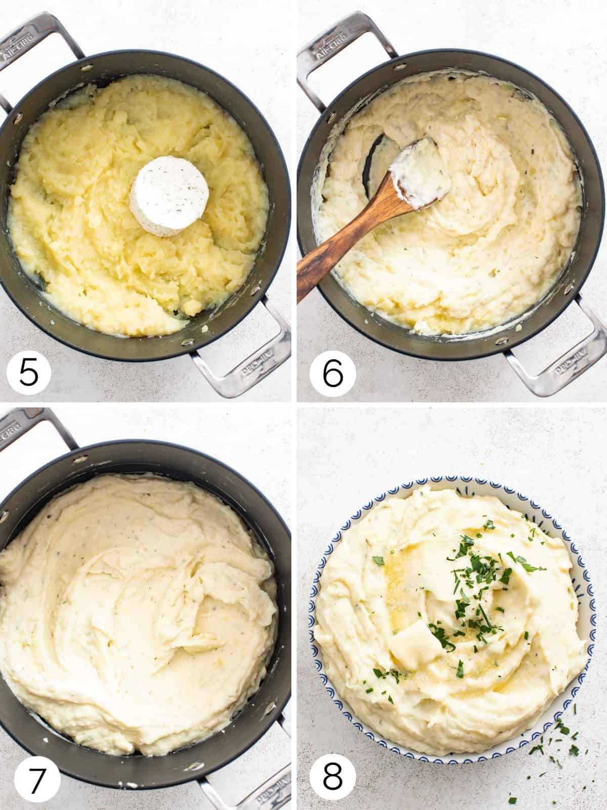 Process photos of mixing Boursin cheese into potatoes.