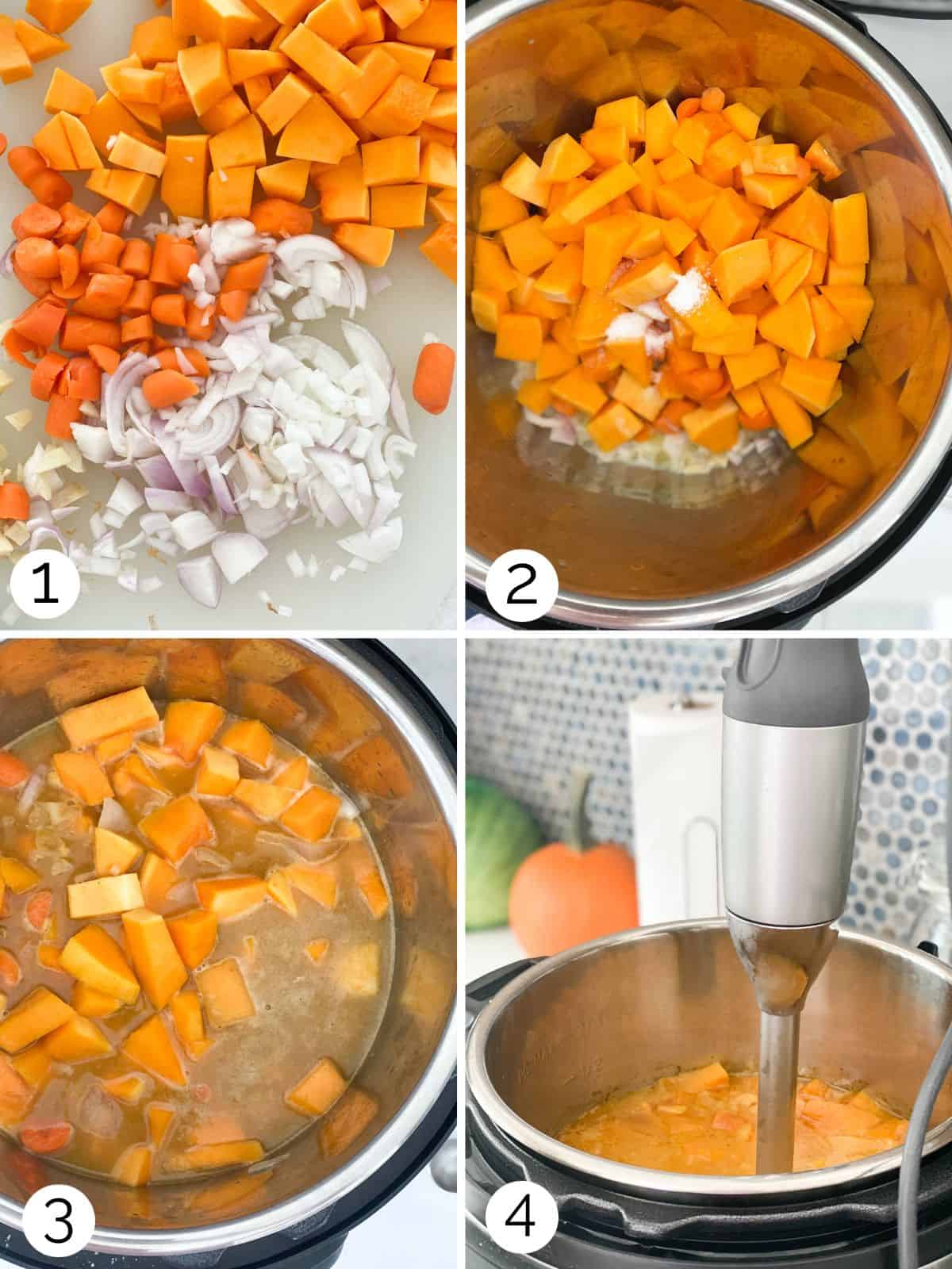 The process of making butternut squash and apple soup in an instant pot with an immersion blender.