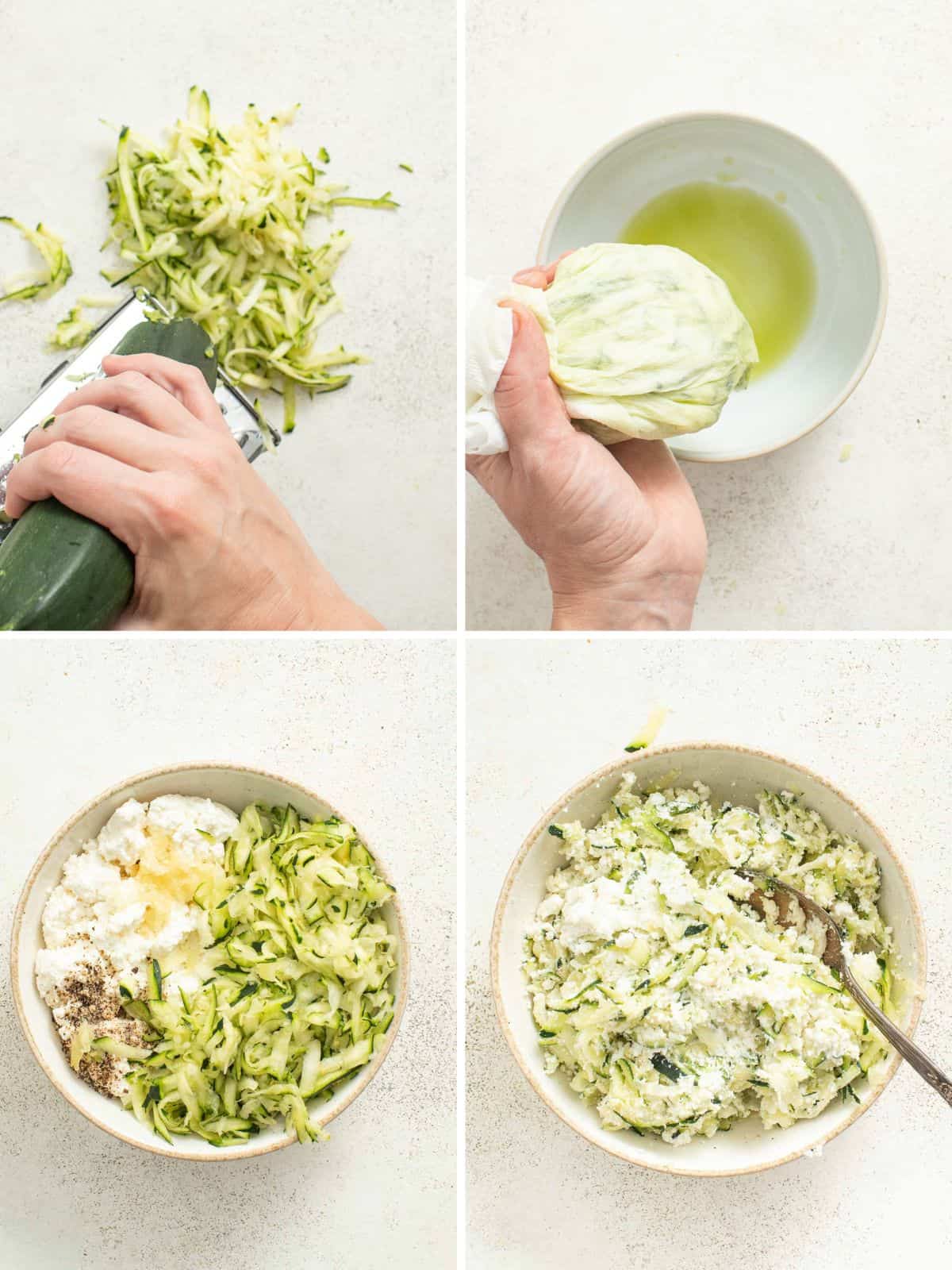 Process photos of how to grate zucchini and mix it with garlic and ricotta.