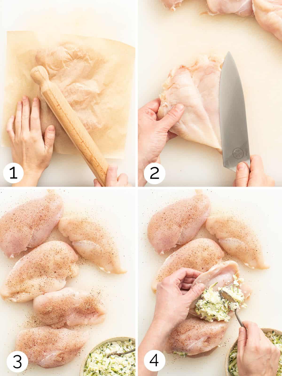 Process photos of how to flatten chicken and stuff it.