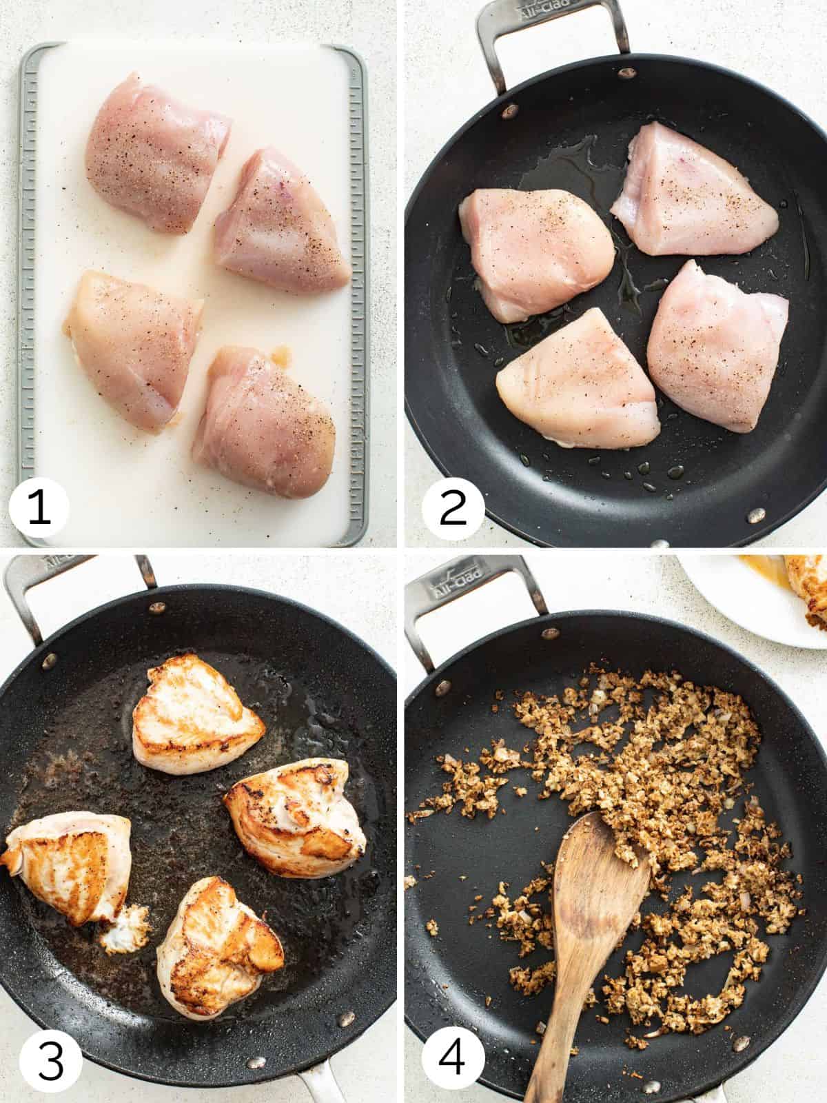 Sliced chicken being seared and then mushrooms being cooked in a cast iron pan.