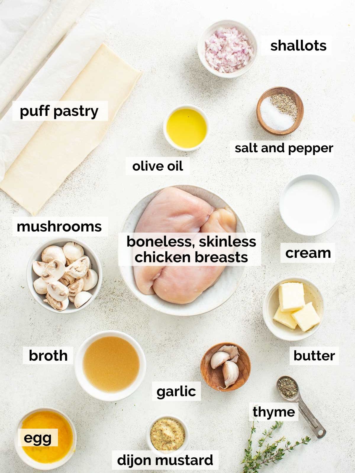 Ingredients for chicken wellington on a white table.