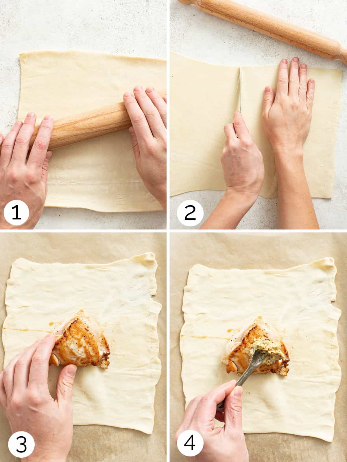 Process photos for how to roll the puff pastry dough and slice it to place the chicken breast on top.