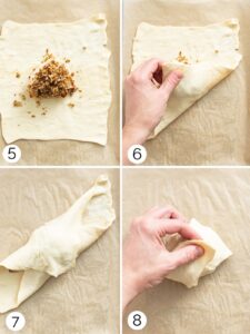 Process photos showing how to wrap the chicken and mushrooms in the puff pastry, twisting the top to secure the pocket.