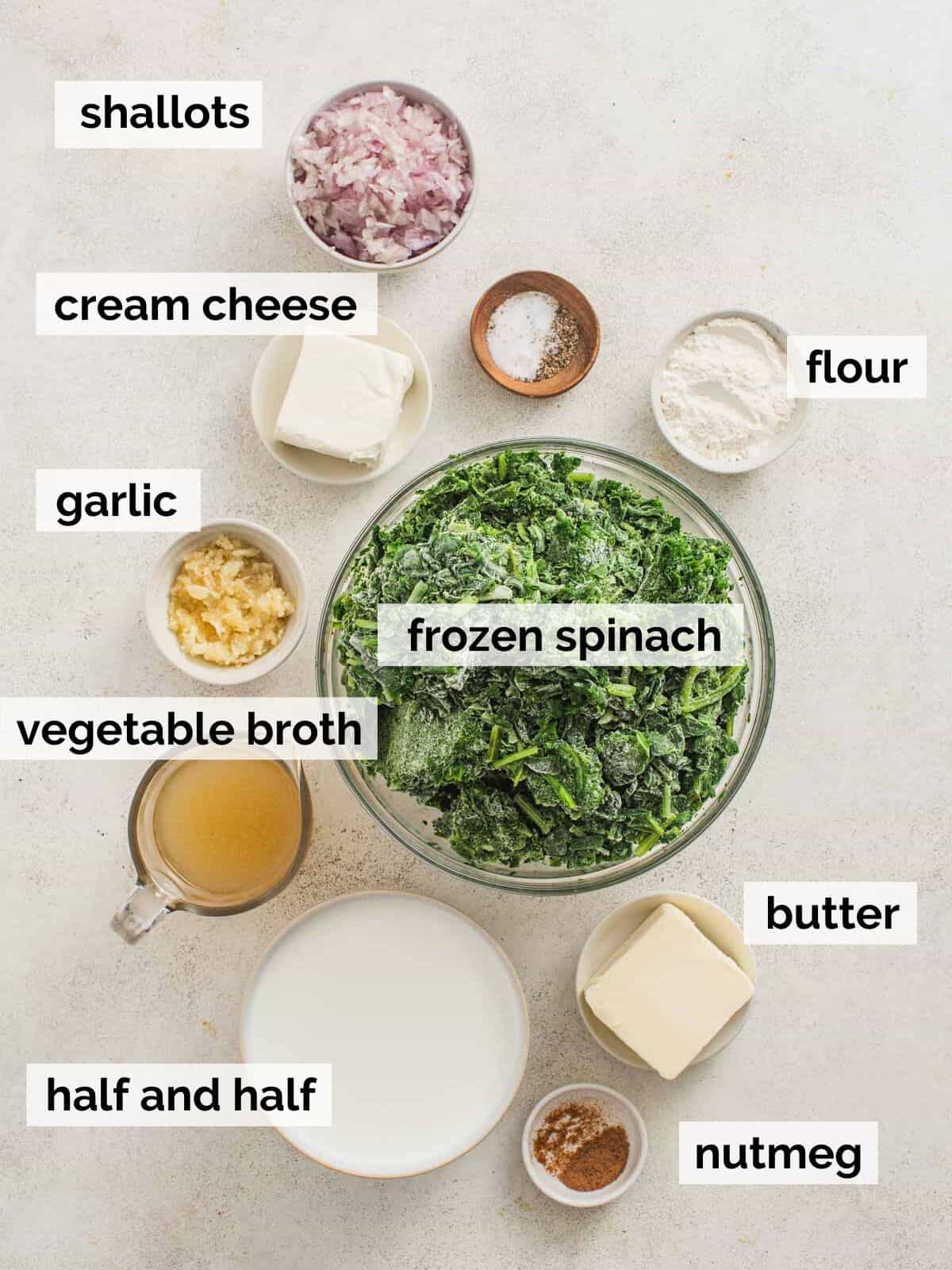 Ingredients for creamed spinach from frozen spinach.