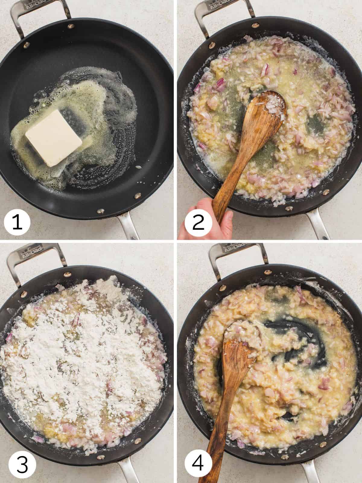 Steps for making creamed spinach sauce using frozen spinach with shallots, half and half, and flour.