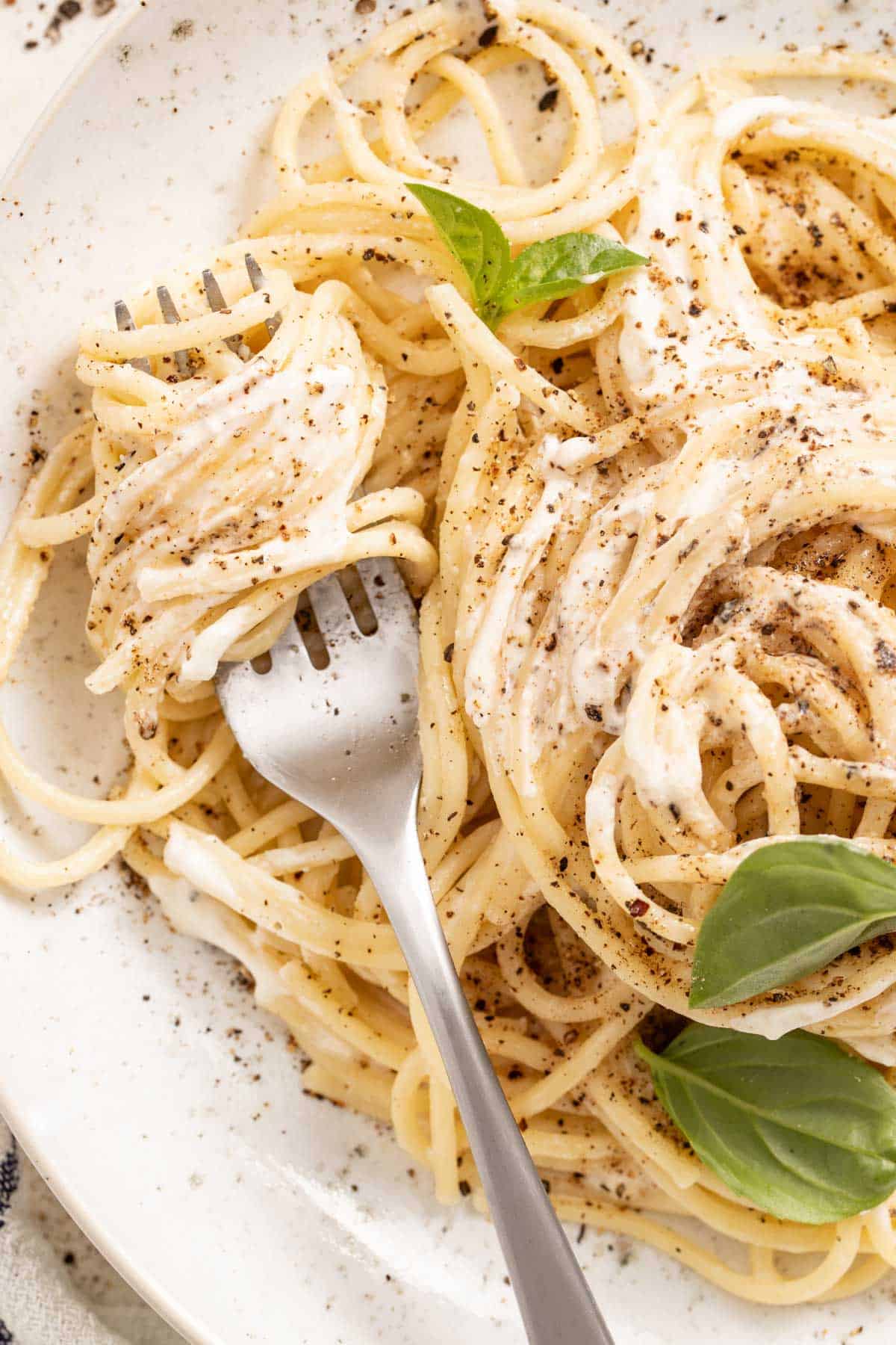 A close up of linguine in a creamy mascarpone sauce on a fork.