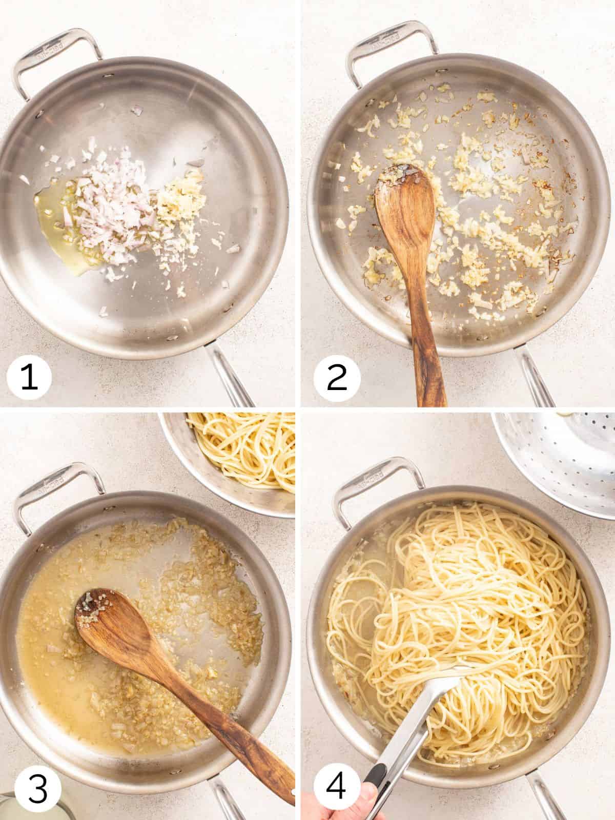 Four photos showing how to cook the shallot and garlic, add in broth, pasta, and pasta water.