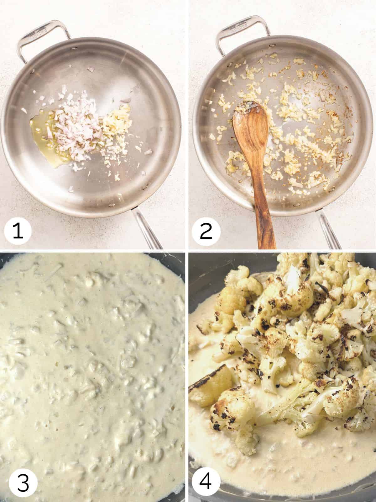 Process of making cheese sauce for cauliflower and stirring in the cauliflower.