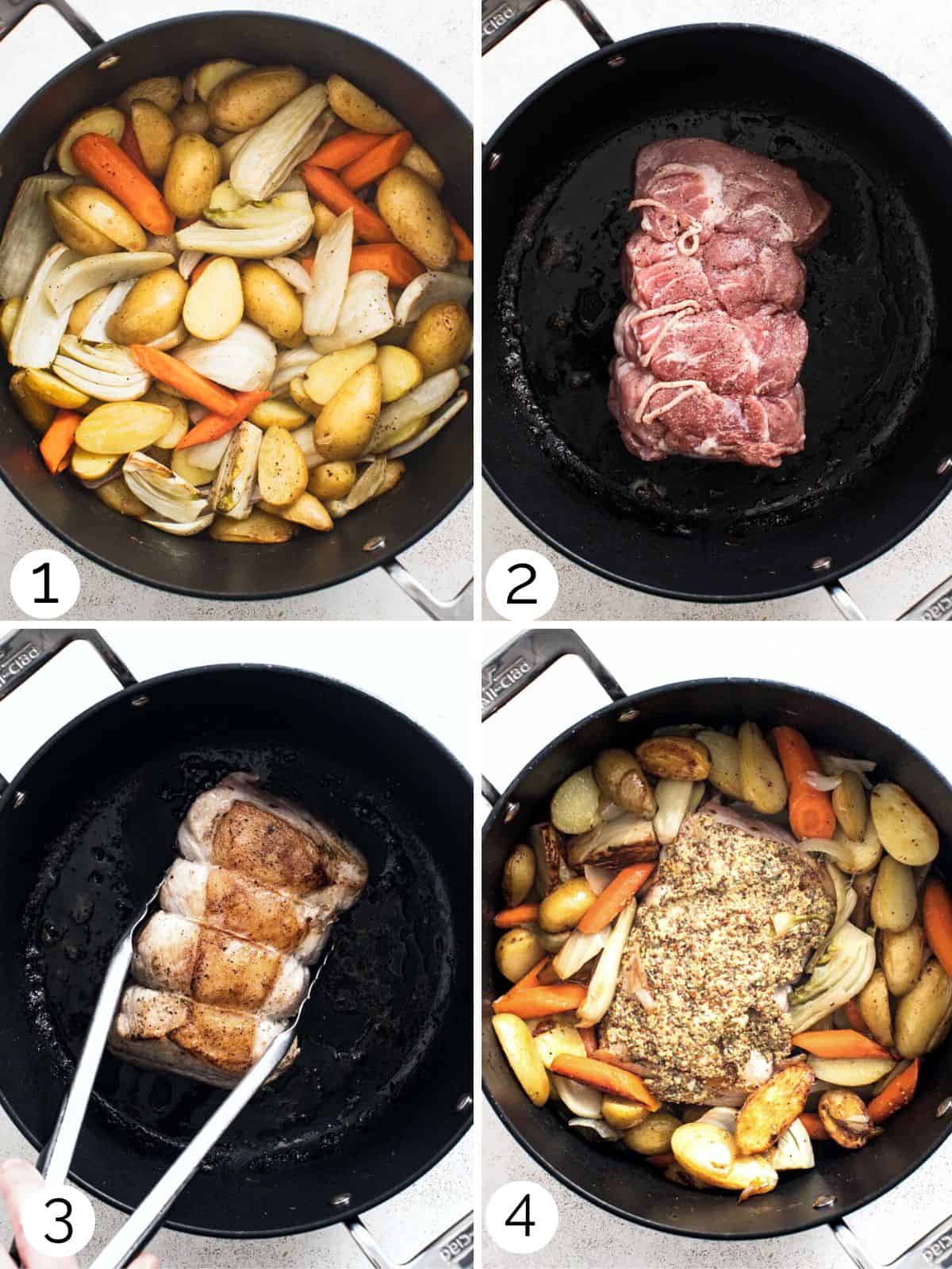 Process shots for how to roast a pork loin in a dutch oven.