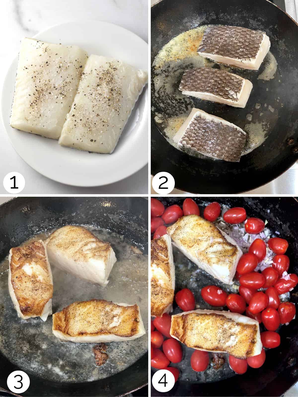 Step by step process photos of seasoning sea bass, pan-searing it, then making a sauce in the pan.