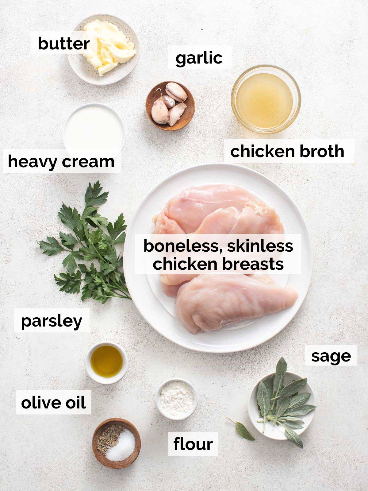 Ingredients for sage chicken on a white background.