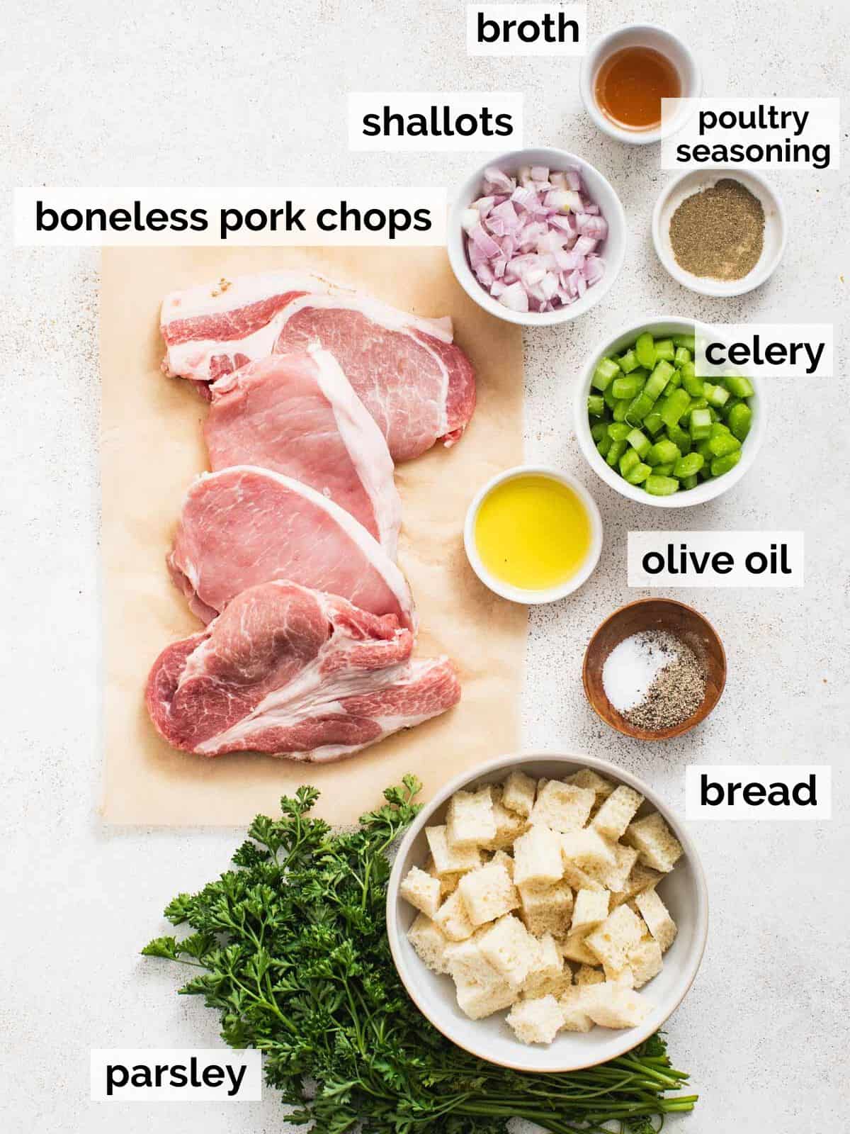 Ingredients for stuffed pork chops on a white background.