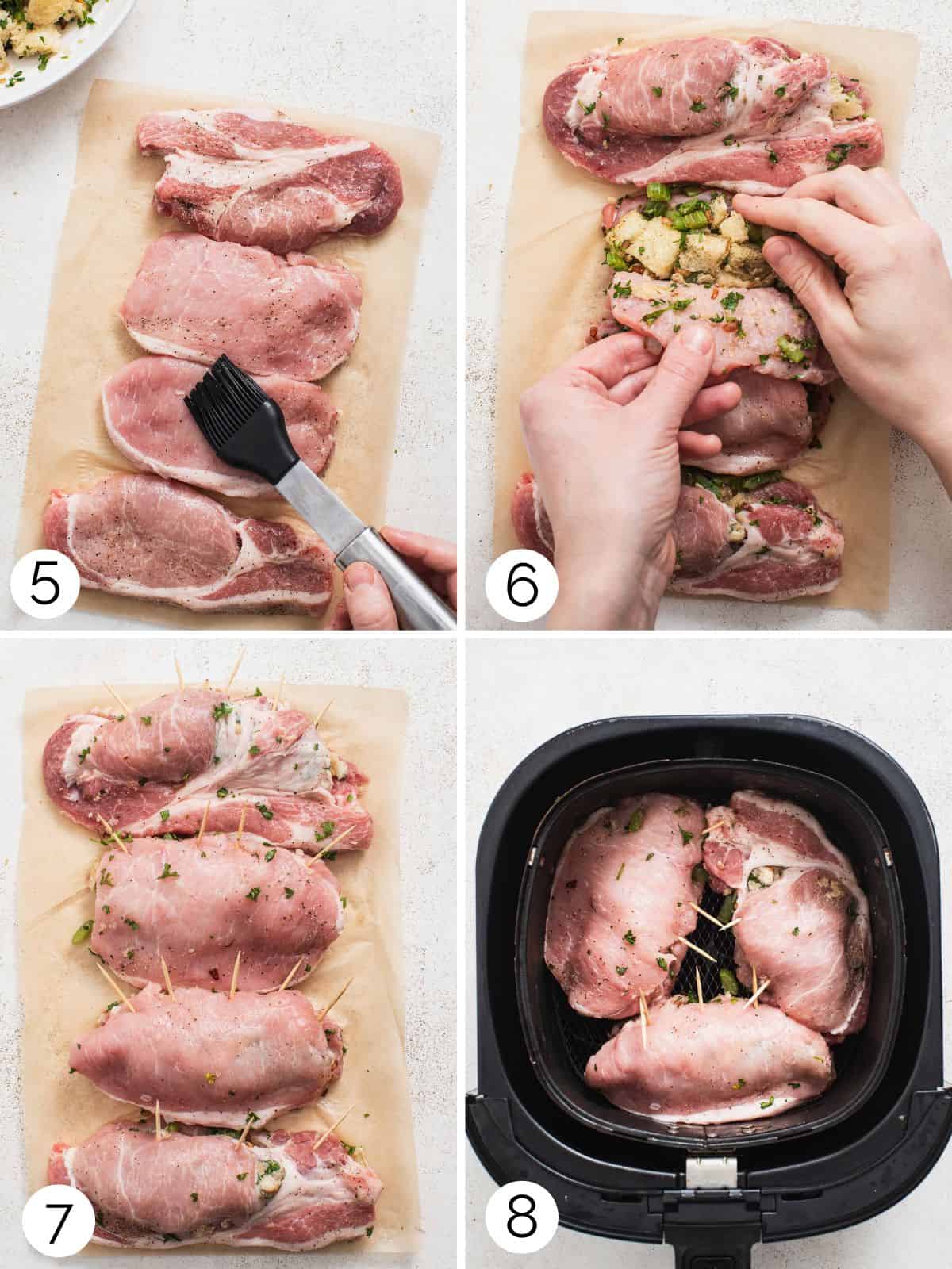 Process photos showing how to stuff boneless pork chops.