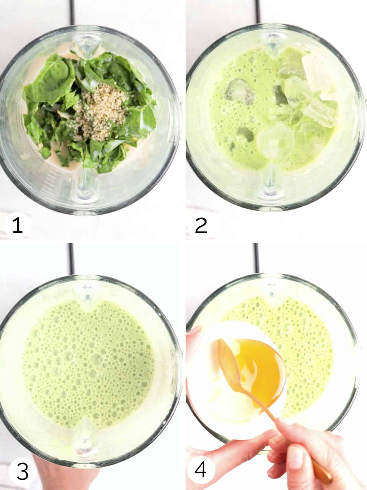 Process photos for making a green anti-inflammatory smoothie by adding spinach and pears, blending, and adding ice.