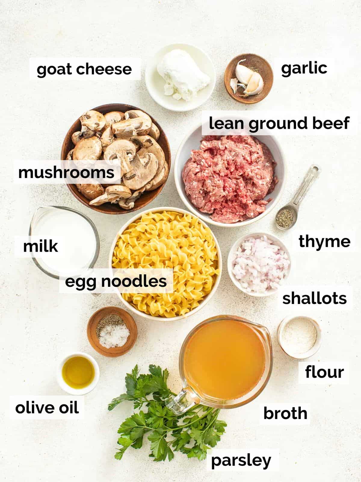 Ingredients for healthy beef stroganoff on a white background.