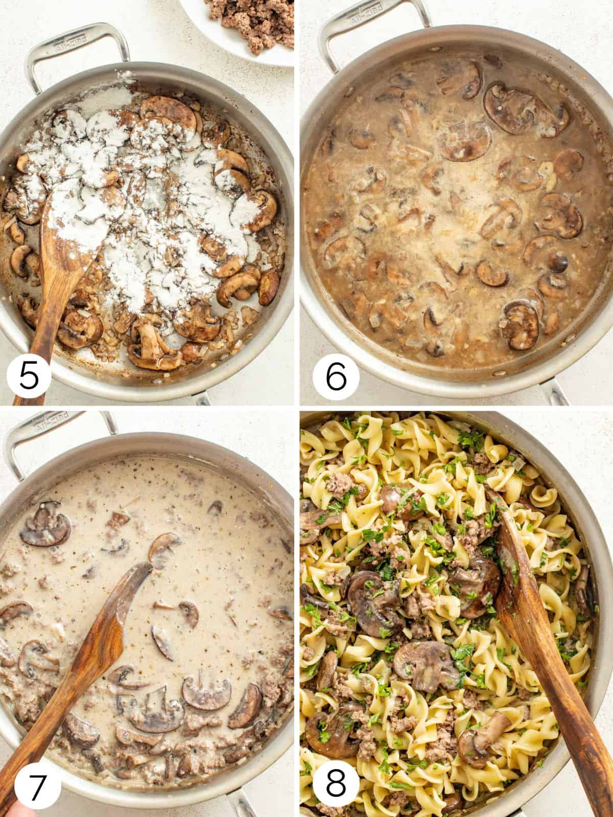 Process photos of making the stroganoff sauce by adding milk, broth, and flour to a stainless steel pan.