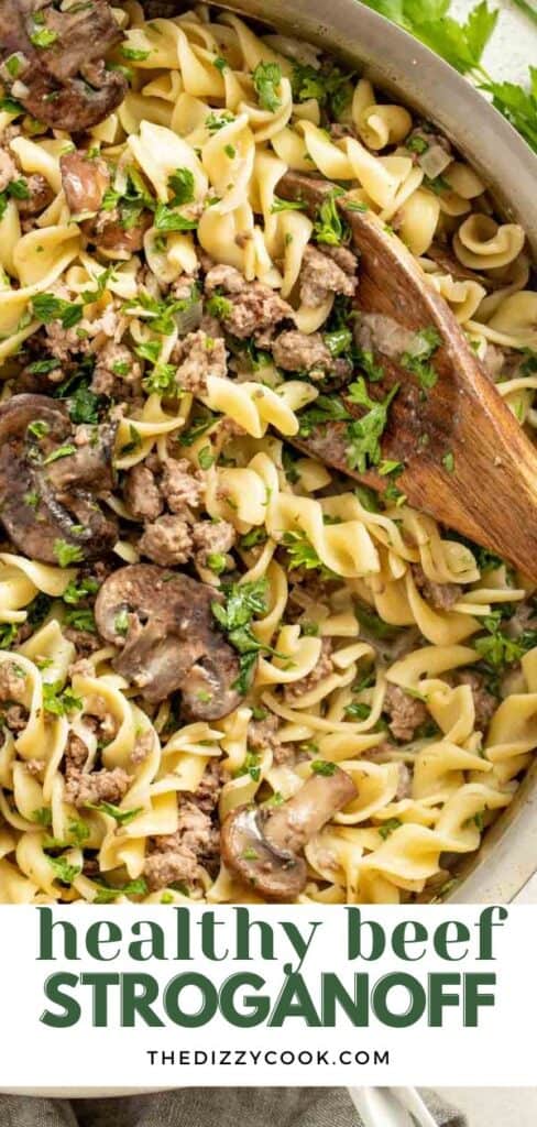 Beef stroganoff in a stainless steel pan.