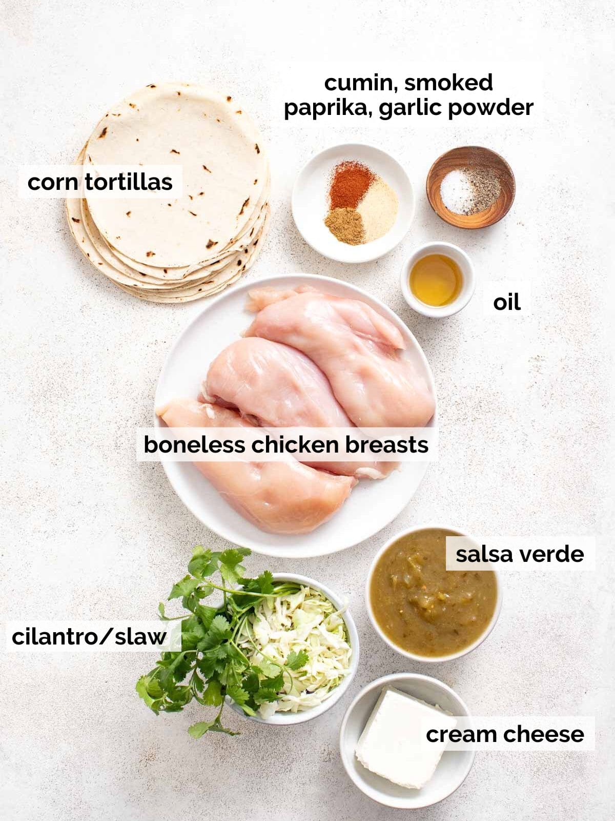 Ingredients for homemade chicken taquitos.
