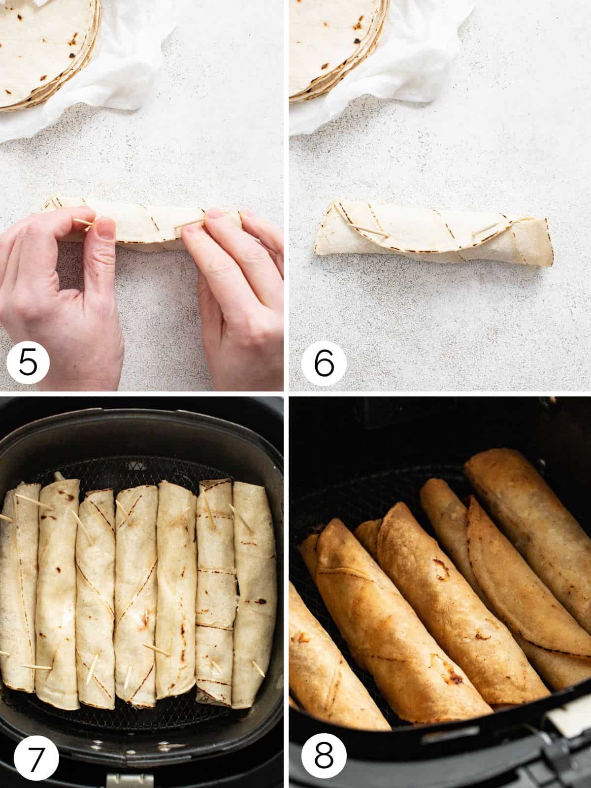 Rolling chicken taquitos and placing them in an air fryer.