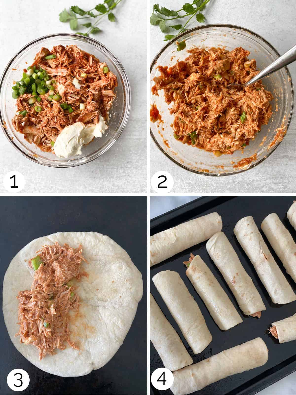 Process of mixing creamy chicken tinga and rolling into tortillas.