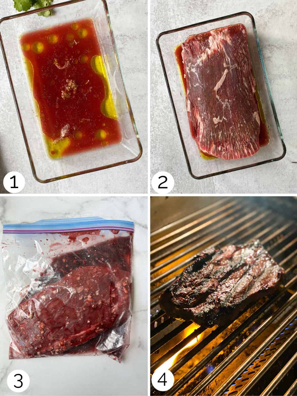 The process of making the steak marinade, ways to marinade the steak, and grilling the steak in a collage.