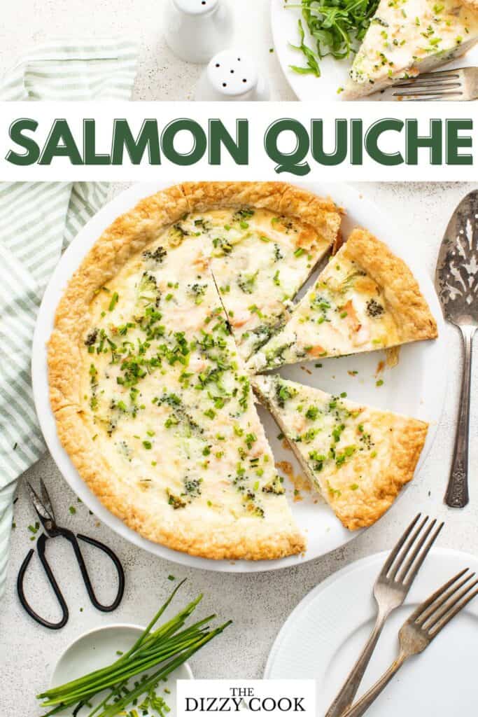 Whole salmon quiche in a white pie plate.