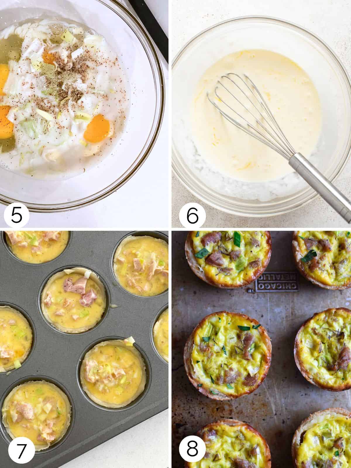 Process of making the filling for dairy free mini quiche and baking them.